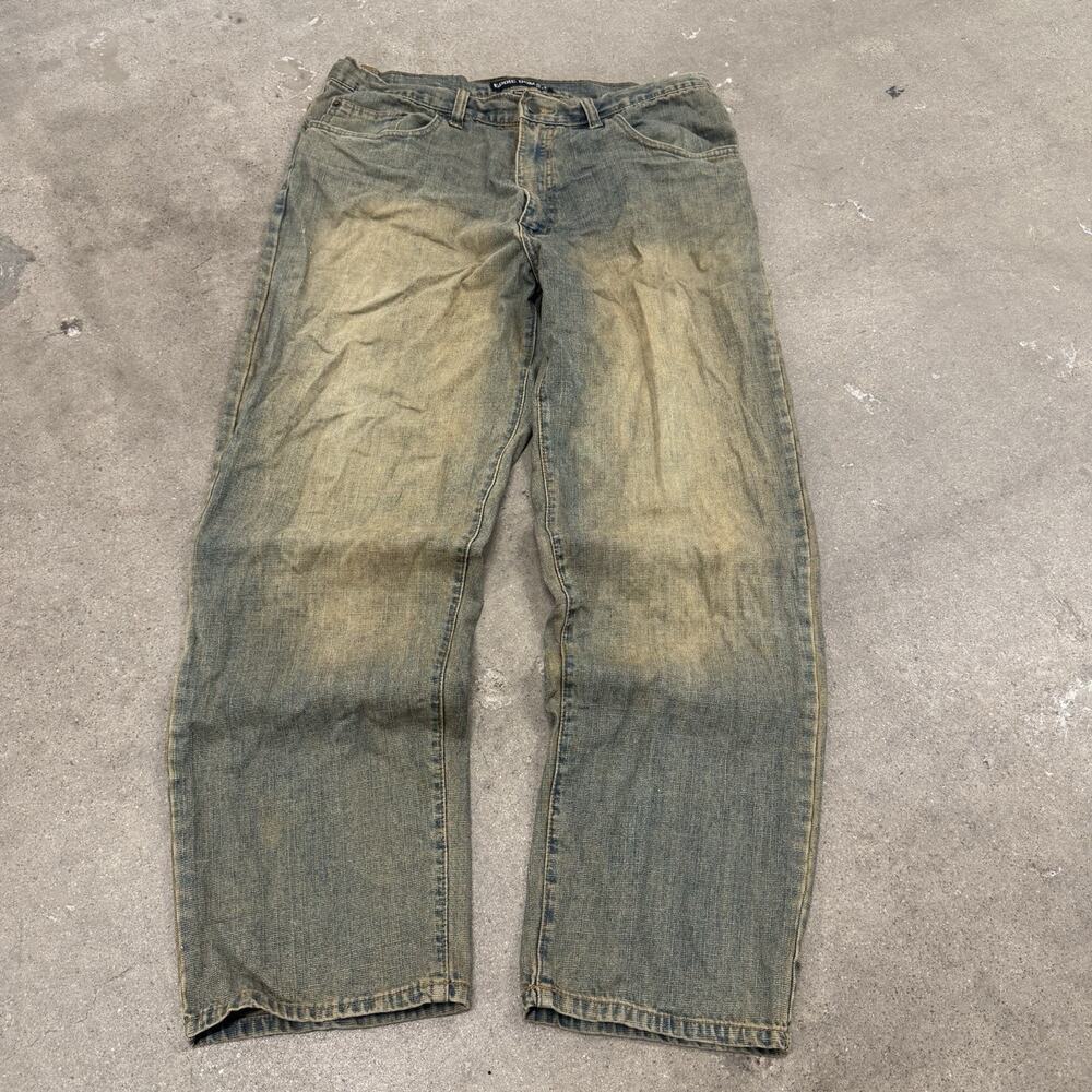 VINTAGE 00s EDDIE DOMANI DIRTY YELLOW WASH GRUNGE WIDE STRAIGHT LEG JEANS 36x32